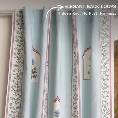 Image of Tranquebar Curtain Co. Window Curtains 5 Feet, 60-65% Room Darkening,Multi Blue Mughal Print, Cotton Curtains for Window, Cotton Curtains 5 Feet Long Set of 2, BackTab Loops,Noor (152 cm) - Set of 2