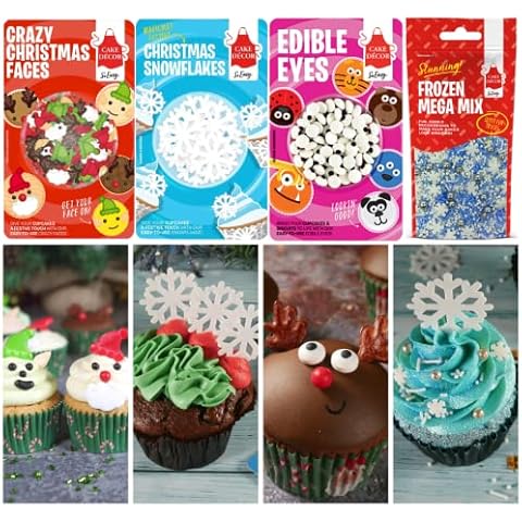 Cake Décor Christmas Cake Decorations with Christmas Crazy Faces, Wafer Snowflakes, Edible Eyes & Frozen Christmas Sprinkles | Christmas Cake Toppers Kit (Christmas) Cover