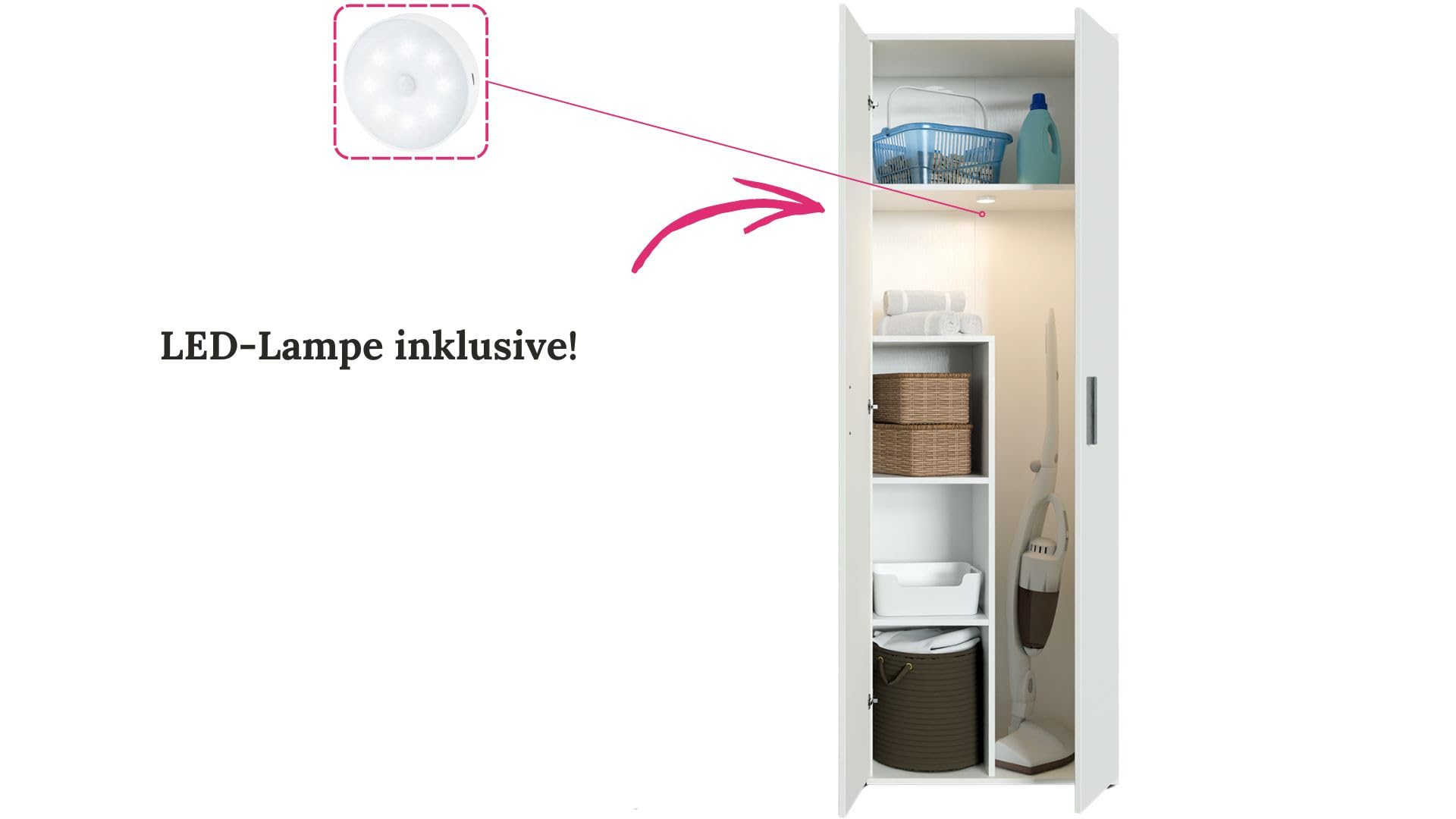 Happy Babies Utility-Schrank 60 cm | Weiß | Vorratsschrank für Staubsauger, Mopps & Reinigungsmittel | 176 cm hoch – Laminierte 16 mm Platte, Mattes ABS-Finish (Weiß)