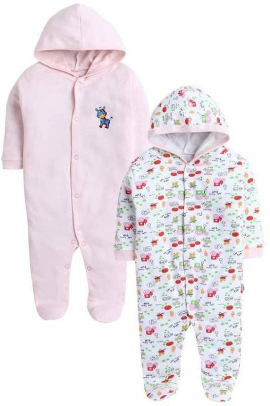 Image of Pooja Baby Front Open Full Sleeves Sleepsuit Hooded with Foot Easy Dressing and Diapering Romper Set of 2