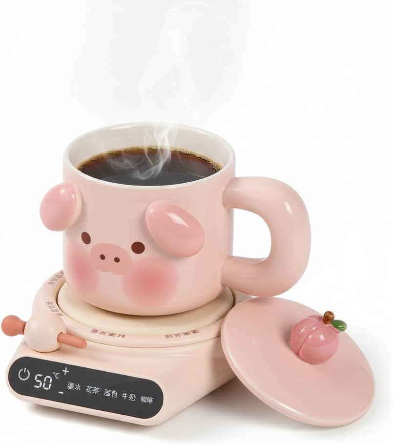 Women's Cute Piggy Ceramic Coffee Mug Warmer Set Heated Coaster Gift for Girlfriend, Keeps Beverages Warm (Pink)