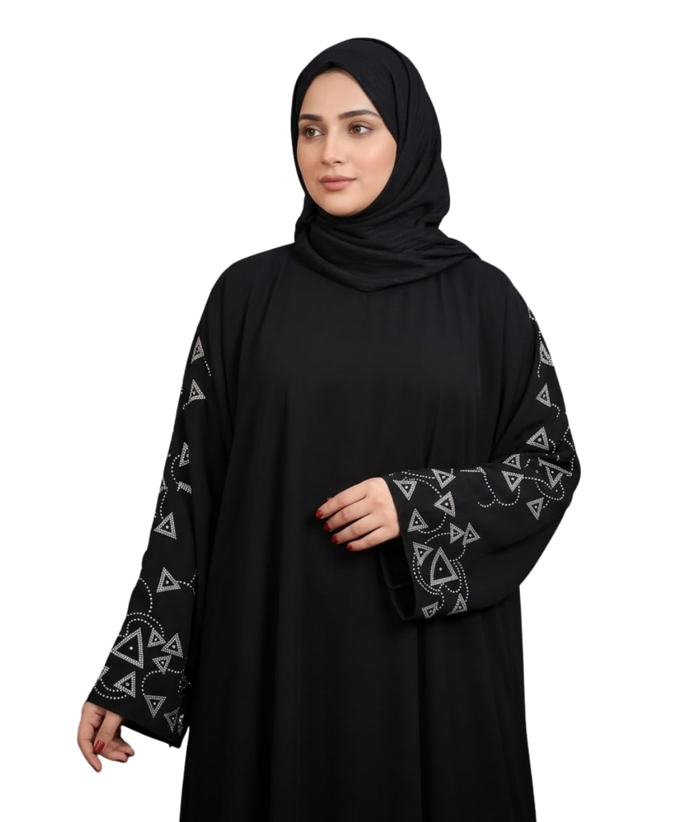 Women Black Firdous Abaya with Silver Stone Sleeve Work | Elegant Modest Wear Burqa | Flowy Islamic Dress | Long Sleeves | Without Dupatta-picture-10