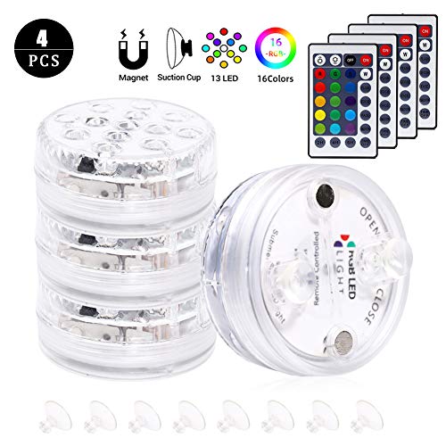 HLSUSAN 4 Stück Unterwasser Licht Pool Licht LED Leuchten mit Saugnapf und Fernbedienung Magnet Saugnäpfen wasserdichte 13 LED Poolleuchten RGB Multi Farbwechsel für Vase Base Party Schwimmbad
