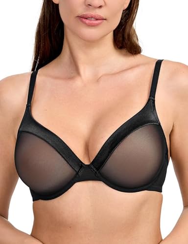 WingsLove Sheer Lace Bra Sexy Demi See Through with Mesh Full Coverage Underwire No Padded Bralette Support Bras(Black,40B)