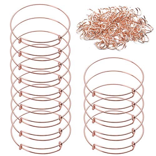 Rose Gold Expandable Bangles, 20 Pieces Adjustable Wire Blank Bangle Bracelet with 100 Pieces Open Rings for Women's DIY Jewelry Making - 2.6 inch