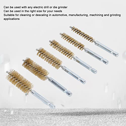 Image of Brass Wire Bore Cleaning Brush Set - 6 Pieces with 1 /4in Hex Shank, Drill Compatible (Yellow)