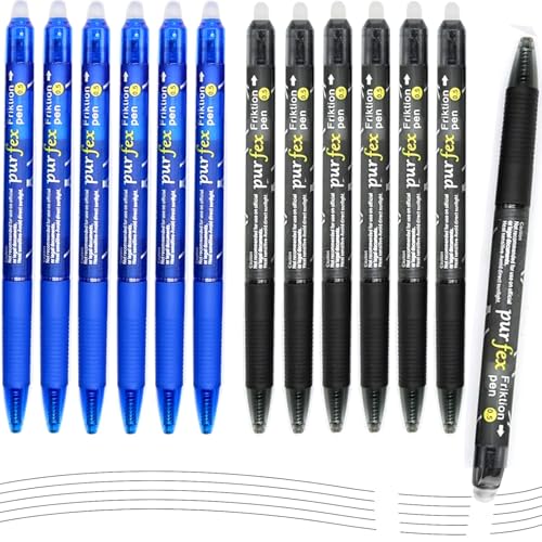 Purfex 12 Pcs Erasable Gel Pens (6 Blue/6 Black) 0.5 mm - Clicker Retractable Rub out Friktion Pens with Erasers