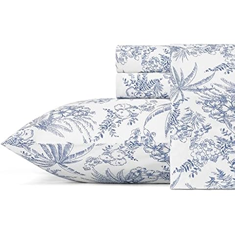 Tommy Bahama - Queen Sheets, Cotton Percale Bedding Set, Crisp & Cool, Stylish Home Decor (Pen and Ink Palm Blue, Queen) Cover
