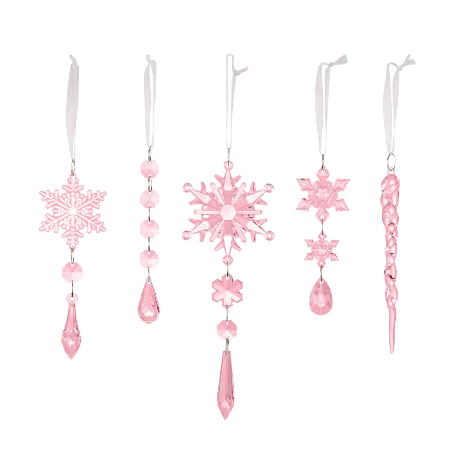 Crystal Christmas Ornaments for Tree Clear Acrylic Snowflake Icicle Ornaments with Drop Pendants Winter Wonderland Chandelier Xmas Tree Decor Pink