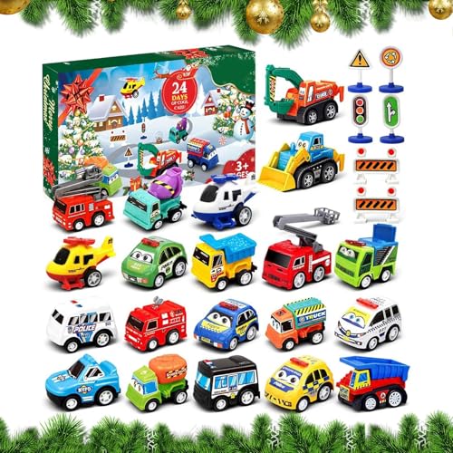 Djowyh Calendario de cuenta regresiva, 24 días, vehículos de Adviento 2025, cuenta atrás de Navidad con juegos de señales de tráfico, para niños pequeños, niños, aulas, hogar, guardería, escuela