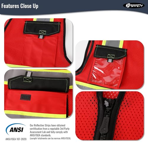 Image of JKSafety Hi Vis Reflective Safety Vests for Men Women High Visibility Vest with Pockets Mesh Fabric Construction Safety Apparel Neon Vest for Work (220-Red 3XL)