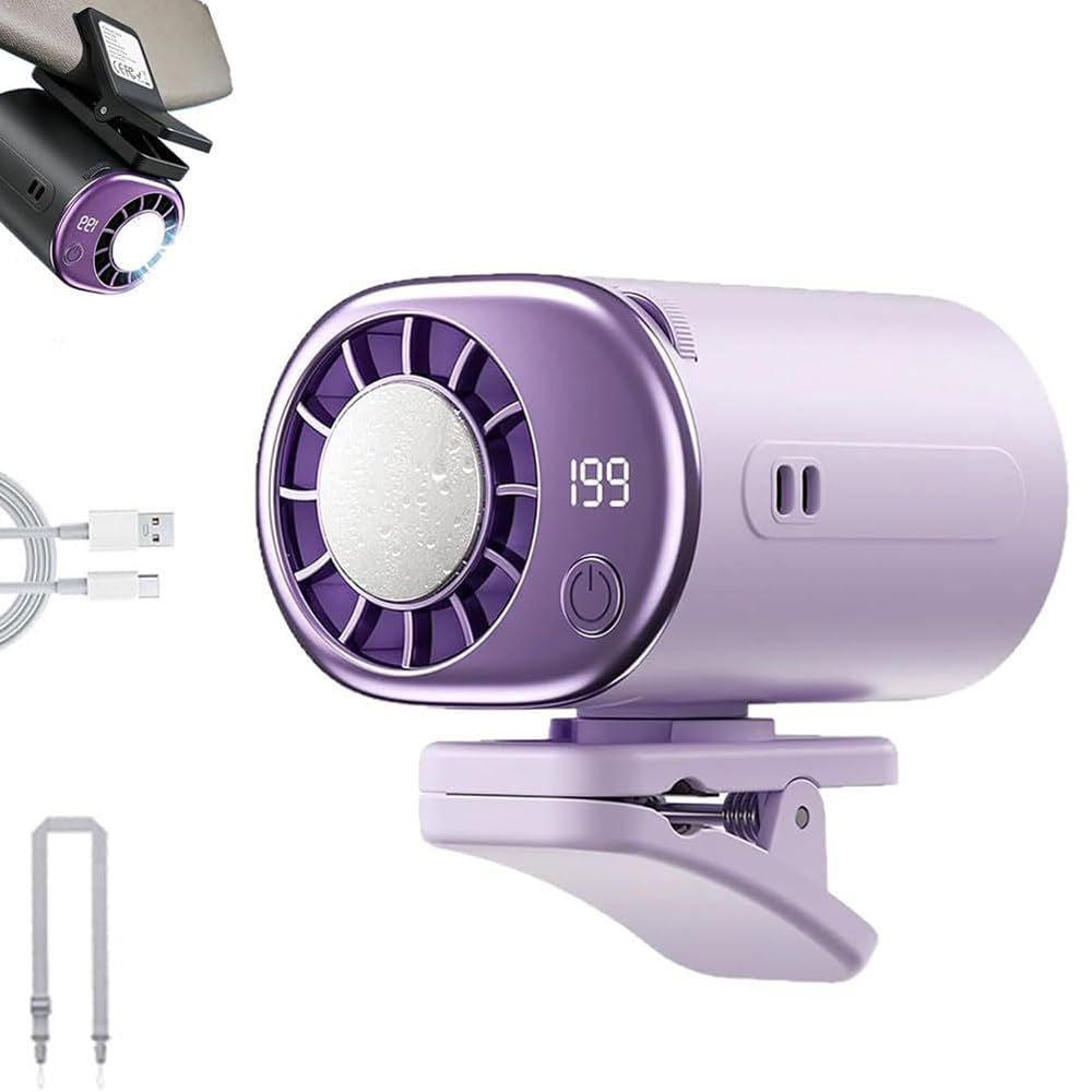 Car Clip on Air Conditioner Fan with LED DisplayCar Fans That Blow Cold Air,Portable Personal Cooling Fan with 360° Rotation,199 Speeds Adjustable,USB Rechargeable Car Fans for Office Beach (Purple)
