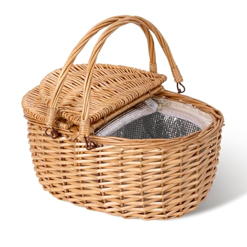 GRANNY SAYS Picnic Basket, Wicker Basket with Insulated Cooler, Woven Cute Basket with Handle, Storage Basket with Washable Lining & Dual-Flid Lid, Natural Willow Picnic Hamper