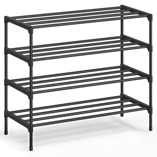 Image of SONGMICS 4-Tier Shoe Rack for Closet, Compact Metal Shoe Organizer Shelf for Entryway, Bedroom, Small Spaces, Stackable, 11.8 x 24.5 x 26 Inches,Black ULSA124BH01