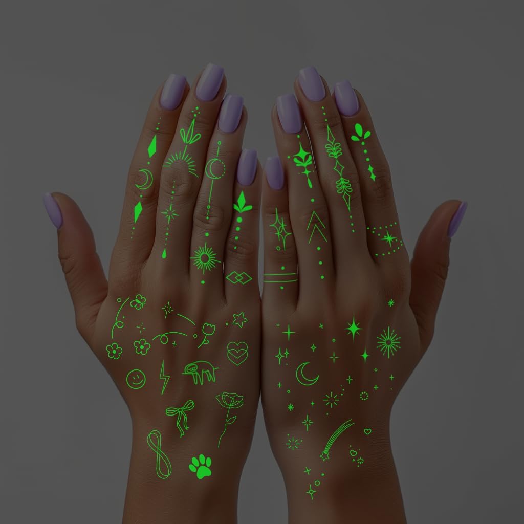 Glow-in-the-Dark Temporary Tattoos for Women Luminous Minimalistic Small Finger Tattoos Tiny Boho Decorations Fine Line Art Fake Tattoo Stickers Kit for Kids and Women