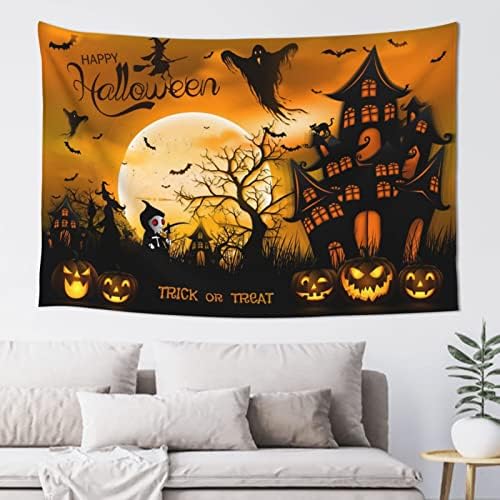 Happy Halloween Wall Tapestry,Happy Halloween background with pumpkin, haunted house and full moon,Hanging Holiday Party Backdrop,Tapestry Wall Decor for Living Room Bedroom Dorm, 60x40 Inches apestry Wall Decor
