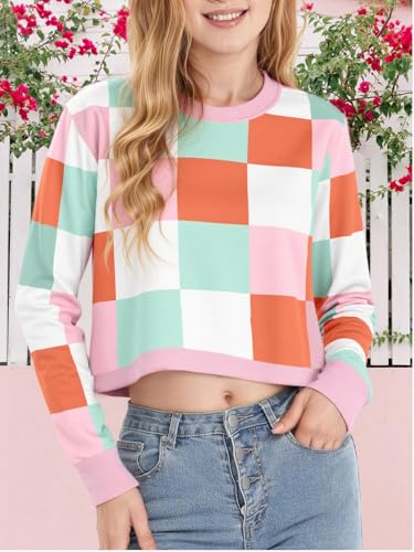 Girls Crop Sweatshirts Casual Tops Kids Long Sleeve Plaid Pullover Cute Fall Winter Fashion Shirts For Teen Girl2