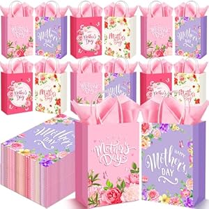 Gersoniel 100 Pcs Mothers Day Gift Bags Bulk Happy Mothers Day Gift Bags with Handle Floral Mothers Day Gift Bags with Tissue Papers Mom Gift Bags Bulk for Mothers Day Gift Wrapping Supplies