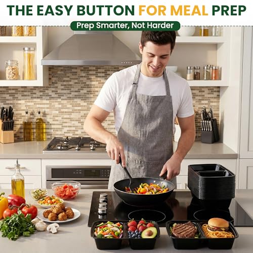 Geisoun 50 Pack 28oz Meal Prep Containers with Lids 2-Compartment, To Go Take Out Plastic Food Storage Containers with Lids Reusable, Leakproof Food Safe, Microwave Freezer Dishwasher Safe, Black — view 2