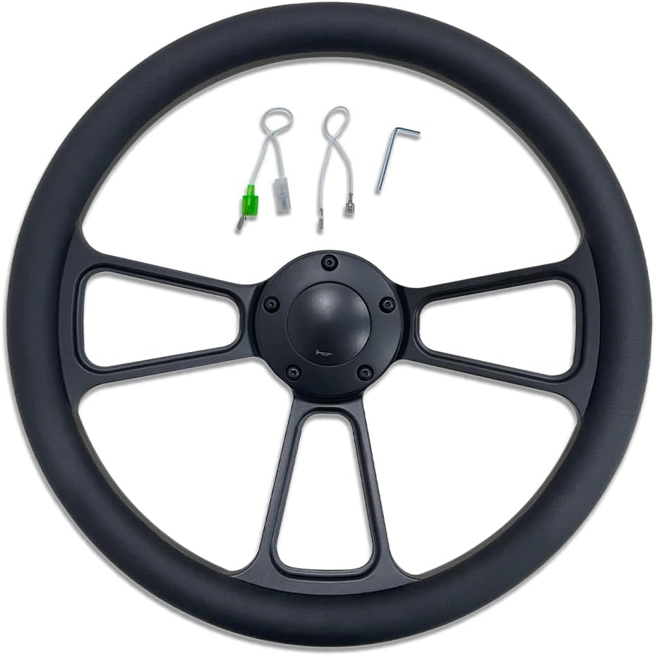 14" Billet Aluminum 5 Holes Split Tri Spoke Style Black Steering Wheel Half Wrap with Black Horn Button