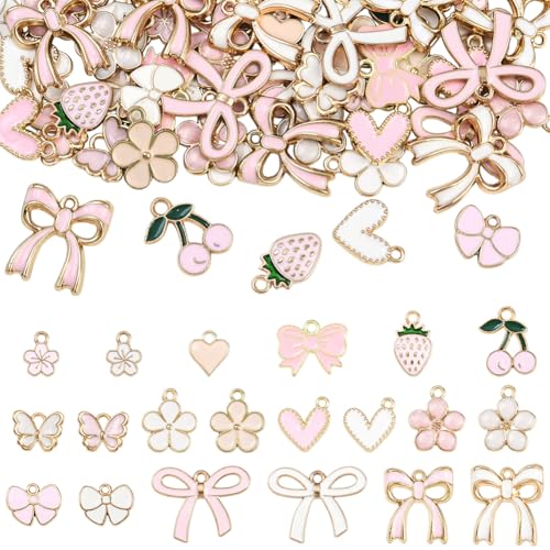 SUNNYCLUE 1 Box 80Pcs 20 Styles Coquette Bow Charms Pink Flower Charm Bulk Alloy Enamel Bowknot Lolita Cherry Strawberry Bow Tie Knot Pendants for Jewelry Making DIY Necklaces Earring Crafts Bag Decor
