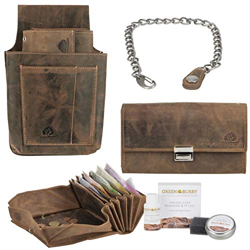 Preisvergleich Produktbild Profikellnerset Greenburry Geldbörse Kellnerbörse Kellnergeldbörse Set mit Kette Plus Lederpflege Vintage braun antik