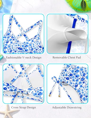 Image of Teen Girls Swimsuits V-Neck Bikini Set Bathing Suits Cross Straps Two Piece Swimwear with Drawstring
