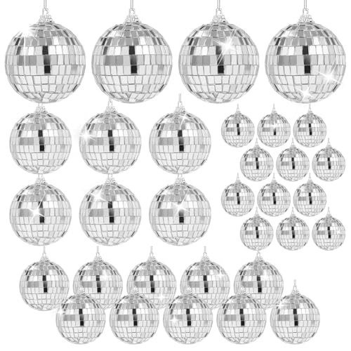 CATELL 32 Stück Discokugel Deko Mini Discokugel Klein Discokugeln 2 3cm 3cm 4cm 5cm Hängekugel Spiegelkugel zum Aufhängen Silber Discokugel für Kuchendekoration Bar Party Urlaubsdekoration (mit Seil)