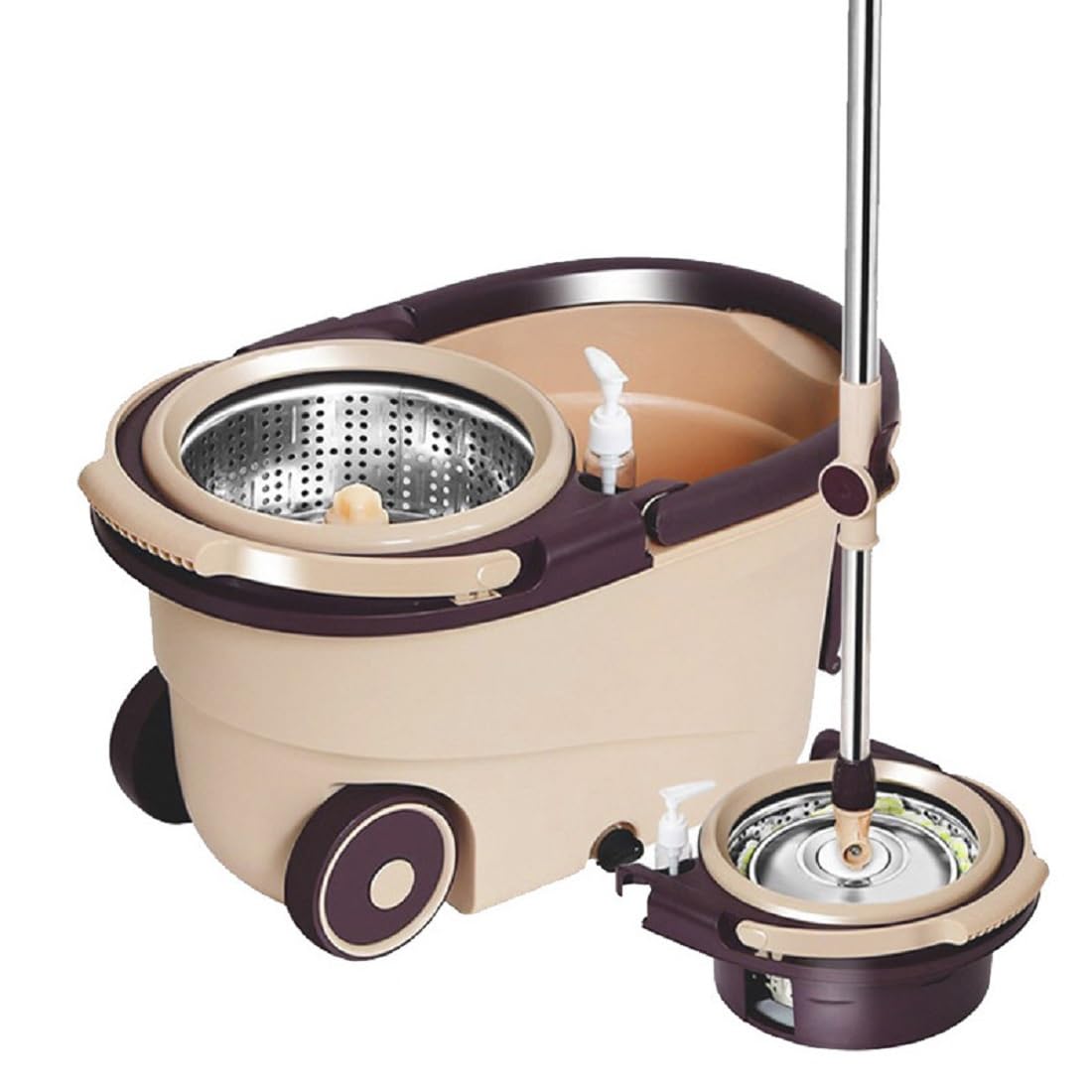 Juego De Fregona con Cubo, Cubo Fregona, con Poleas, Acero Inoxidable Mango Telescópico De 90-122 Cm, Mopas De Limpieza Suelos con Cubo, con 5 Cabezas De Microfibra, Color del Café