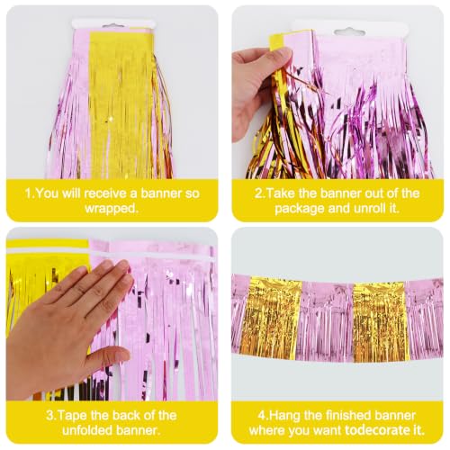 Image of BEISHIDA 3 Pack Pink Gold Foil Fringe Garland 30ft Wall Tinsel Banner