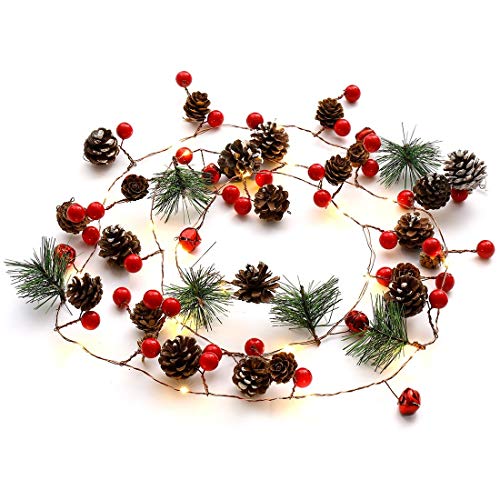 Preisvergleich Produktbild Weihnachtslichterketten mit Tannenzapfen Rote Beerenglocke, Girlande mit Lichtern 6.5Ft 20LED Warmweiß Batteriebetriebenes Weihnachtsbaumdekorlicht für Weihnachtsfeiertags-Innentischdekoration