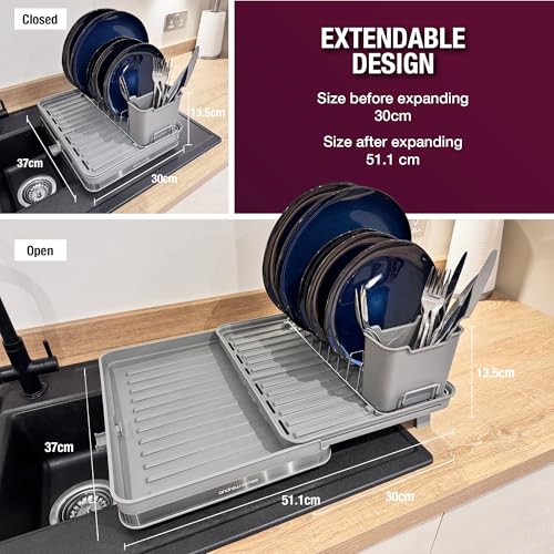 andrew james Dish Drying Rack Premium Adjustable Kitchen Dish Drainer for Dishes, Space-Saving Tilted Design Doubles in Size, Rust Proof Dish Drainer Tray with Detachable Cutlery Holder - Image 5