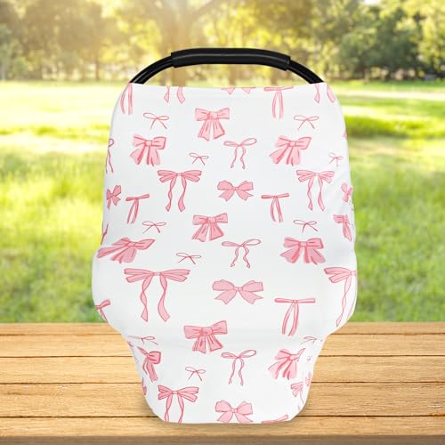 Image of TANOFAR Car Seat Cover for Baby, Multi-Use Cover Carseat Canopy, High Stretchy & Breathable Infant Carseat Cover, Shower Gifts for Unisex Boys and Girls (Pink Bow)