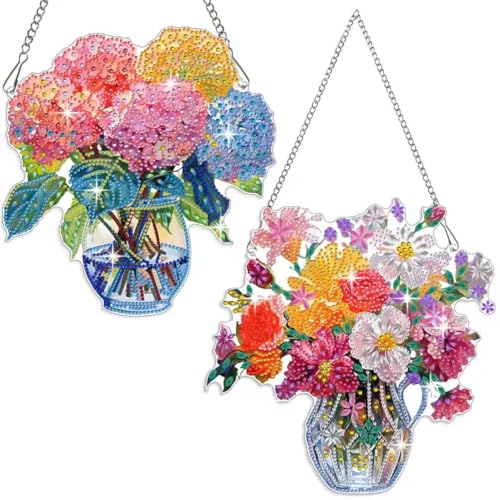 Fokenzary 大人向けダイヤモンドアートキット DIY ダイヤモンドペインティング オーナメント 花瓶 チェーン付き 5D オーナメント アート＆クラフトキット ギフト装飾用（24*24cm*2個）の商品画像（Amazon）