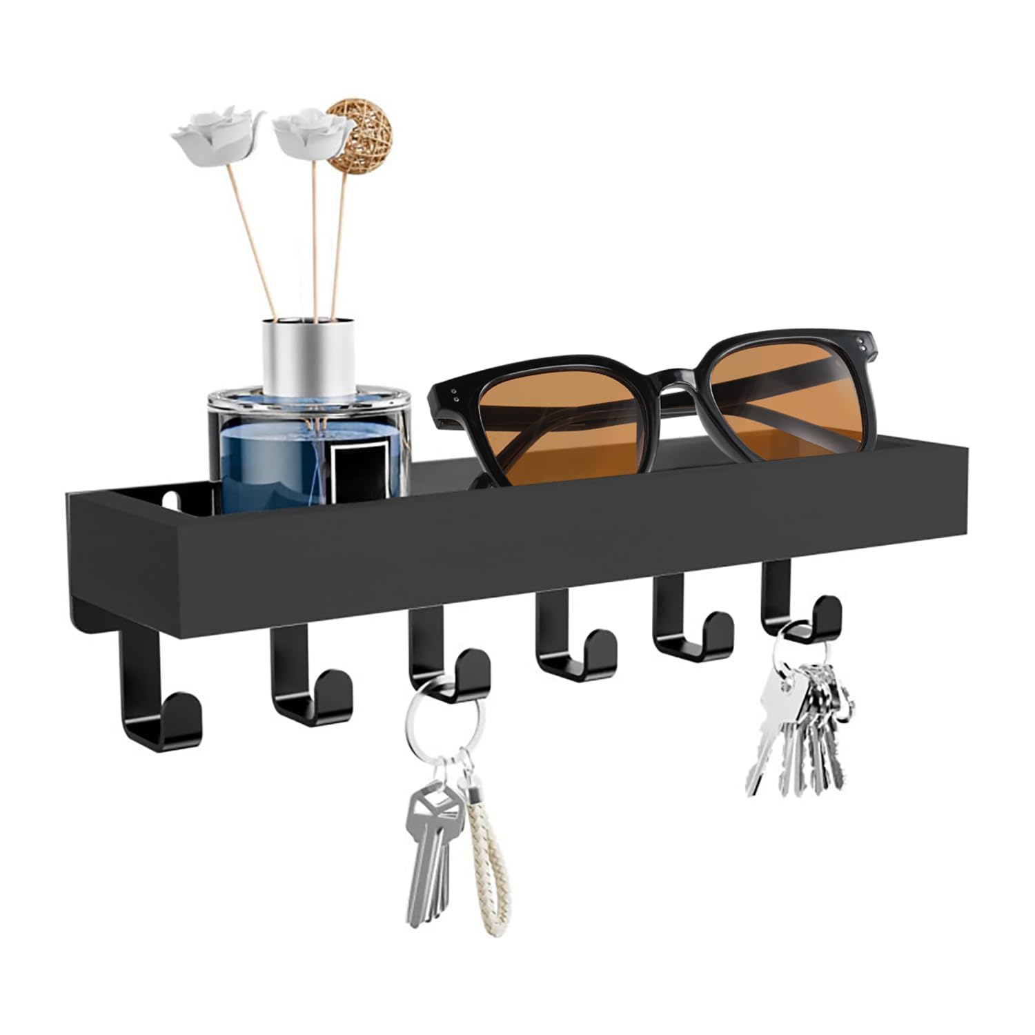 xianxikaitech Wall Mounted Key Holder with Wood Tray and 6 Black Metal Key Hooks,Key Holder for Wall, Home Decor Key Racks Mail Organizer, Key Hanger for Hallway, Entryway, Living Room,Office,Black.