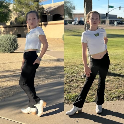 BIG ELEPHANT Girls Flare Leggings with Pockets, Crossover High Waist Bell Bottom Yoga Pants for Dance & Everyday Wear2