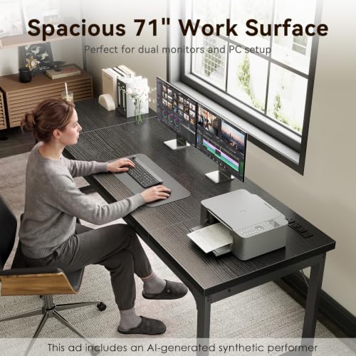 Image of Coleshome 71 Inch Long Computer Desk with Power Outlet, Thicker Desktop & Legs, Large Heavy Duty Office Desk for Home Office & Gaming, Black