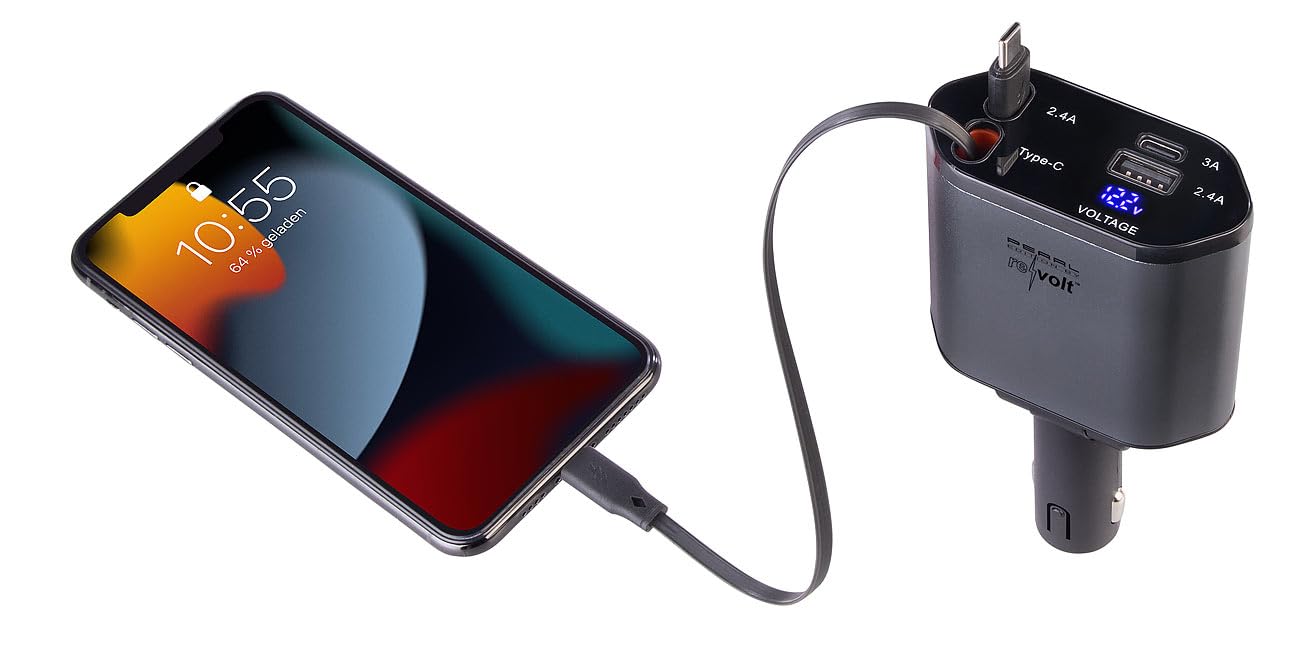revolt Kfz-Handy-Ladegerät: 4er-Set 4in1-Kfz-USB-Ladegerät, USB-C/A, 2 USB-C-Kabel, 66 Watt (Adapter Zigarettenanzünder, Ladebuchsen Zigarettenanzünder)