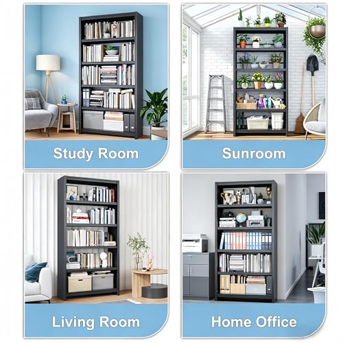 Image of 69 inch Tall Bookshelf, Industrial Bookcase, Easy Assembly, Black | Heavy Duty Metal, 5 Tier Display Storage Shelves, For Home Office, Living Room, Study