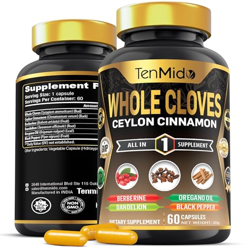 Whole Clove Supplement - 6in1 with Cinnamon, Berberine, Dandelion, Oregano Oil & Black Pepper - Digestion Health - 60 Vegan & Non-GMO Capsules