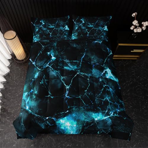 Image of Nttopship Blue Comforter Set King Size,Blue Marble Bedding Set 3 Pcs Bedding for Adults, Marble Room Decor with Comforter and 2 Pillowcases Soft and Lightweight B-Side Black