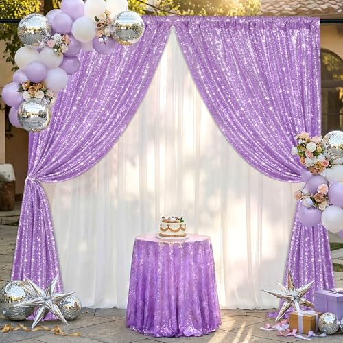 Image of Lavender Sequin Backdrop Curtains-1 Panel 3FTx8FT Light Purple Backdrop for Wedding, Glitter Party Decorations Background Drapes for Birthday Party Anniversary Graduation Photo Booth Decor