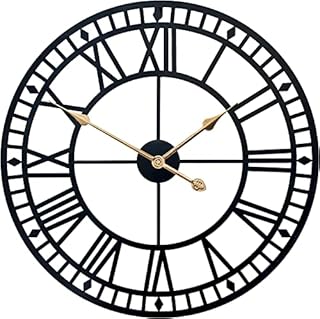 SEJU 60cm Large Metal Skeleton Wall Clock with Roman Numerals - Silent Non-ticking Decorative Clock for Living Room Cafe Loft Hotel Bar Office Bedroom Kitchen (Black)