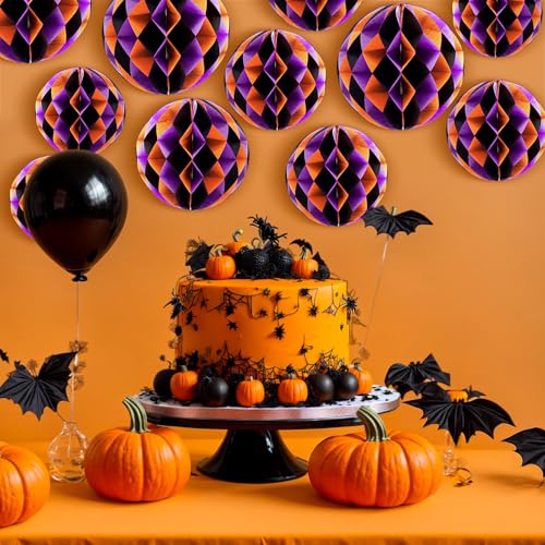 Image of Dunzoom 12 Pcs Halloween Party Decorations Set 6 inch 8 inch 10 inch 12 inch Birthday Honeycomb Balls Party Decorations Purple Orange Black Hanging Round Tissue Paper Pom Poms for Halloween Garden Home Decor
