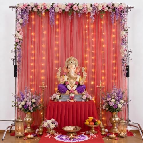 Image of White Net Backdrop Curtain Set for Decoration, 2 Pieces, 8 x 5 feet, for Wedding, Birthday, Anniversary, Engagement (RED)