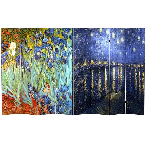 Red Lantern 6 ft. Tall Double Sided Works of Van Gogh Canvas Room Divider - Irises/Starry Night Over Rhone 4 Panel Freestanding Folding Privacy Screen Partition Separator for Modern and Contemporary