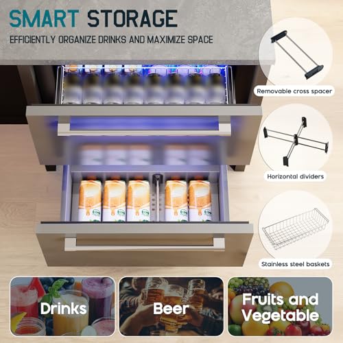 Image of Albott 24 Inch Under Counter Drawer Fridge - Stainless Steel Beverage Refrigerator with Dual Drawers, LED Touch Control, Adjustable Storage, Frost-Free, Low Noise, 34-72℉, for Indoor or Outdoor Use