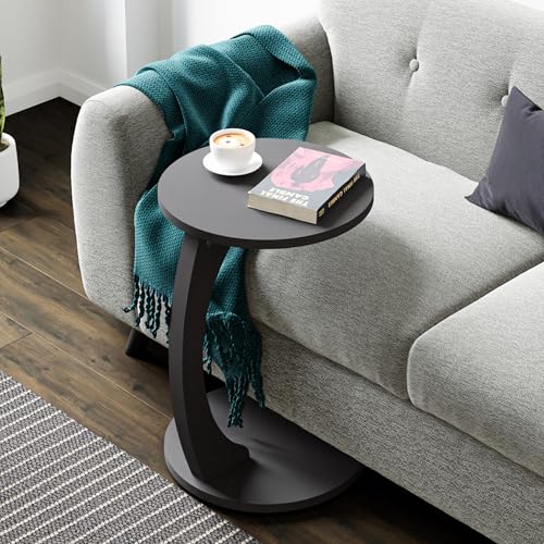 [en.casa] Mesa Auxiliar Holeby en Forma de C Mesa de Centro Redonda Mesita de Salón con 4 Ruedas Uso Versátil 56 x Ø 38 cm - Gris