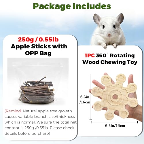 Image of Rotating Chinchilla Chew Toys and 250g(0.55lb) Organic Apple Sticks | Natural Kiln-Dried Wood Chinchilla Cage Accessories, Enrichment Play Toys & Chinchilla Treats, Satisfy Chewing Instinct