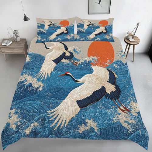 Housse de Couette 240 x 260 Grue Orientale Imprimé, Parure de lit Ukiyo-E Japonais Réversible Microfibre avec Fermeture Éclair, 2 Personnes, Ensemble de...